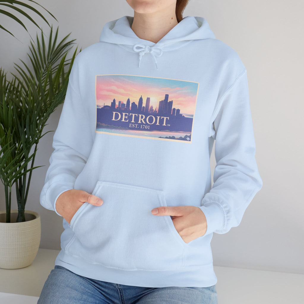 Women's Detroit Skyline Hoodie – Pastel Sunrise Cityscape