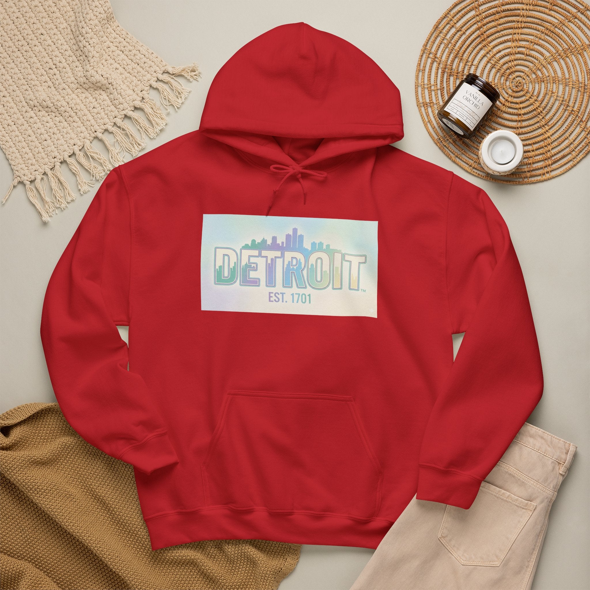 Women's Detroit Skyline Hoodie — Pastel Retro Cityscape "DETROIT Est. 1701"