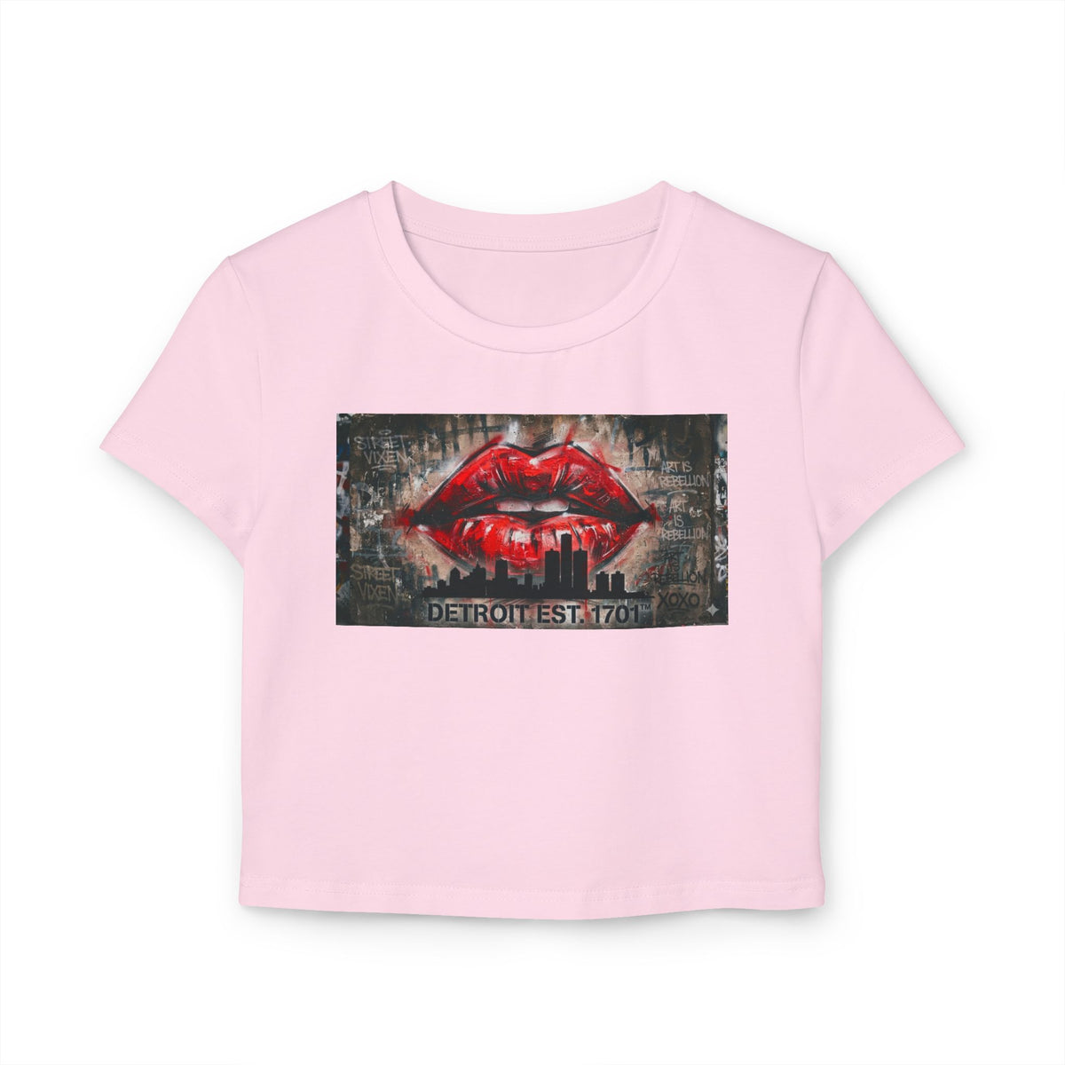 Women's Detroit Red Lips Crop Baby Tee — Graffiti Skyline Graphic