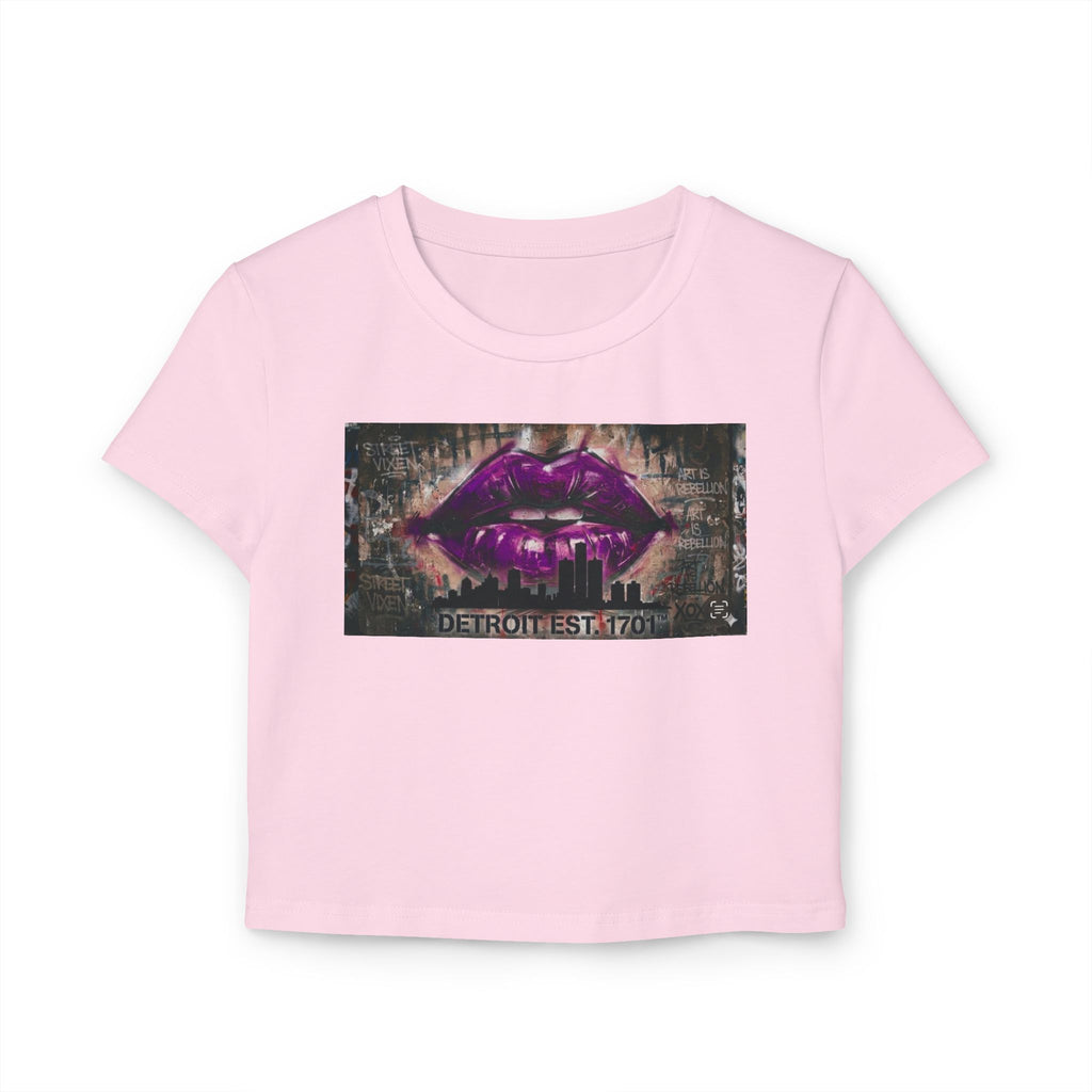 Women's Detroit Purple Lips Crop Baby Tee — Graffiti Skyline Graphic