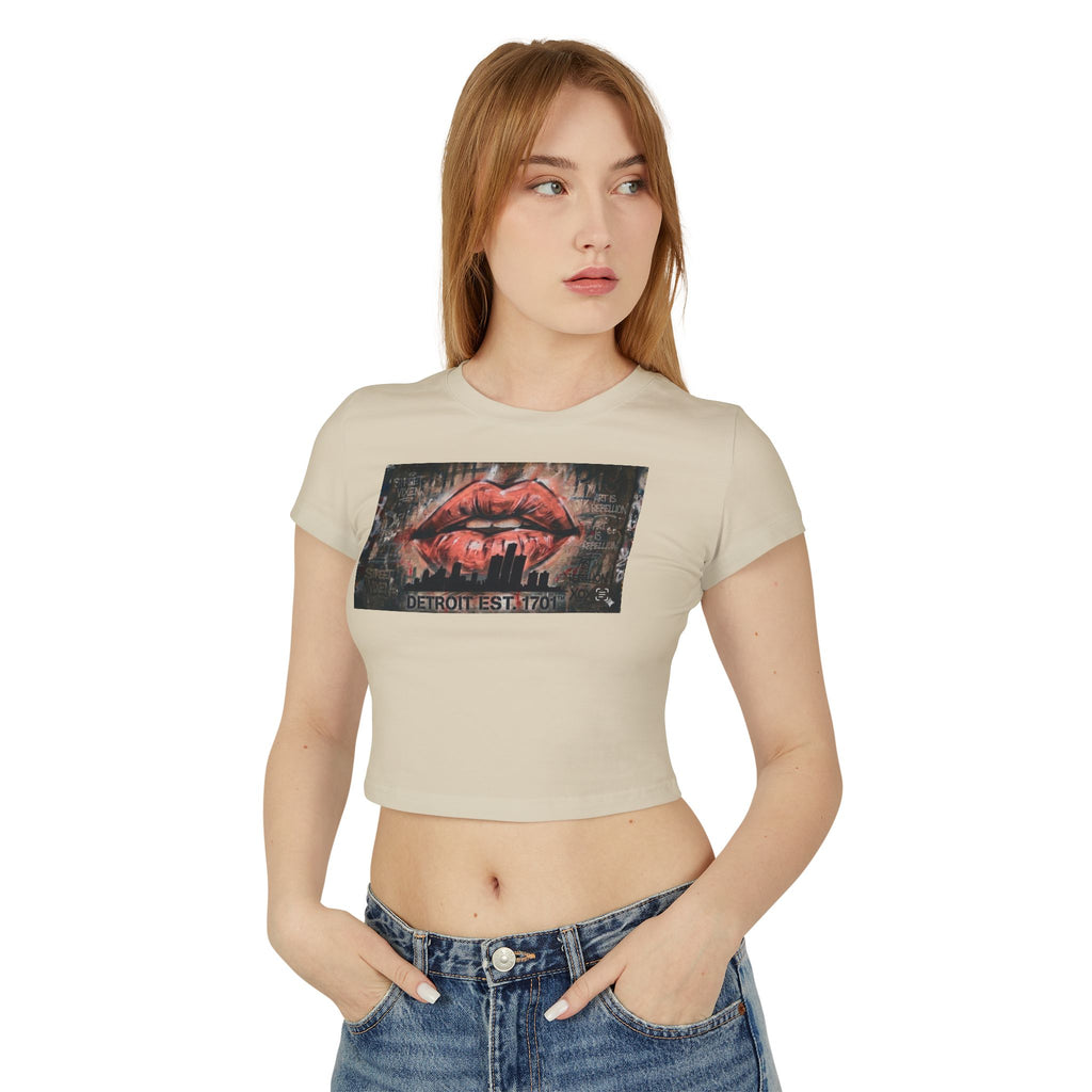 Women's Detroit Peach Lips Crop Baby Tee — Graffiti Skyline Graphic