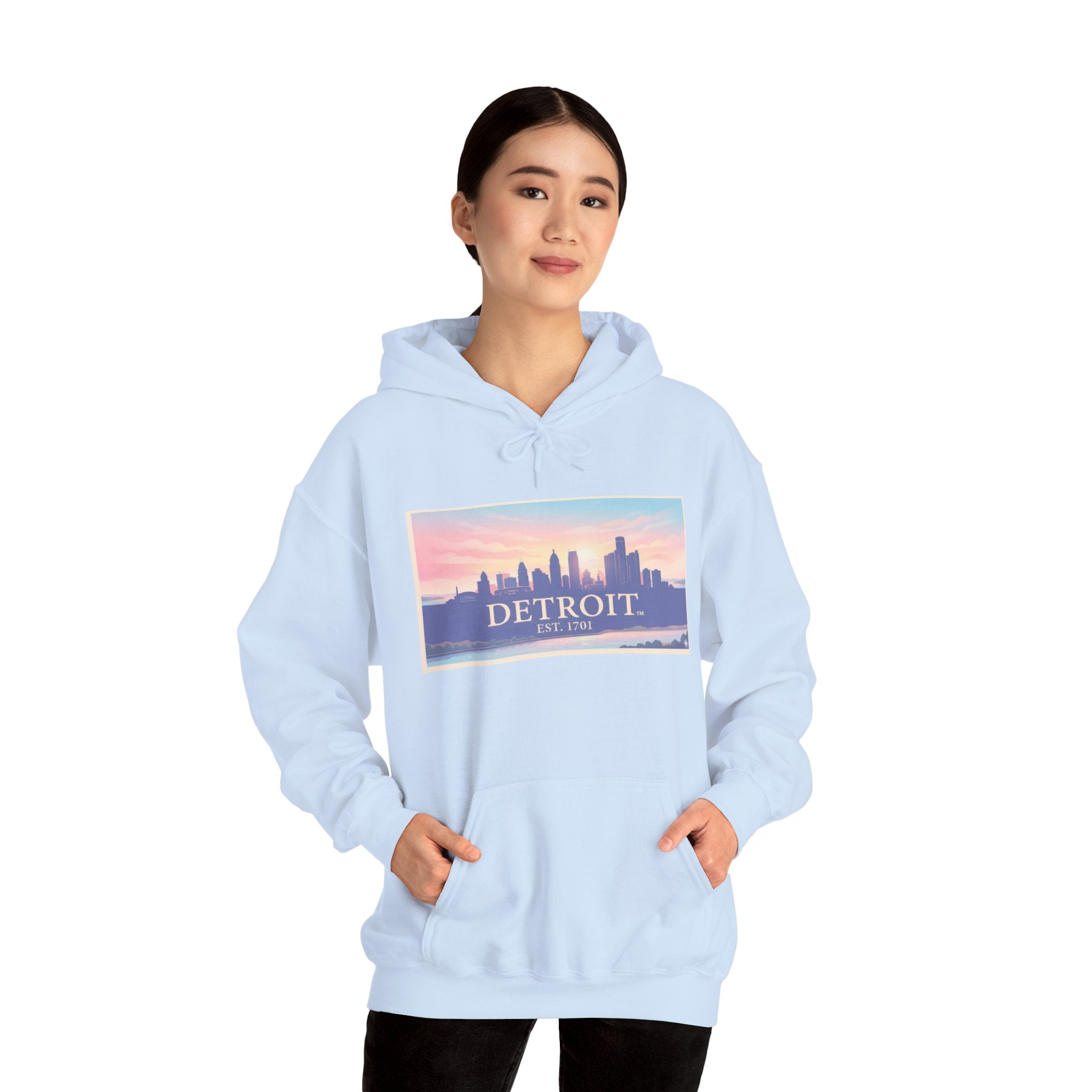 Women's Detroit Skyline Hoodie – Pastel Sunrise Cityscape