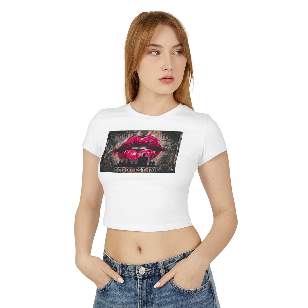Women's Detroit Pink Lips Crop Baby Tee — Graffiti Skyline Graphic