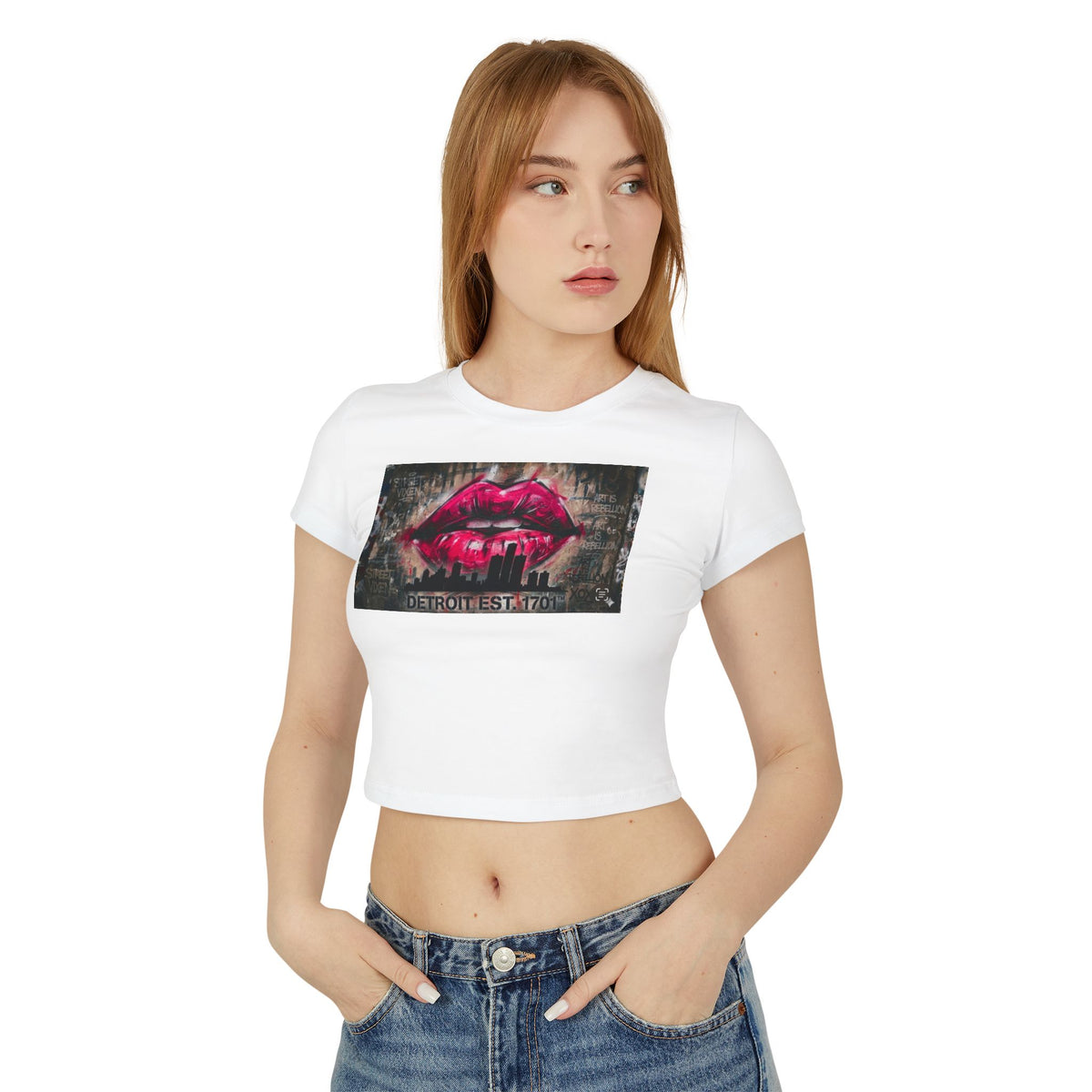 Women's Detroit Pink Lips Crop Baby Tee — Graffiti Skyline Graphic