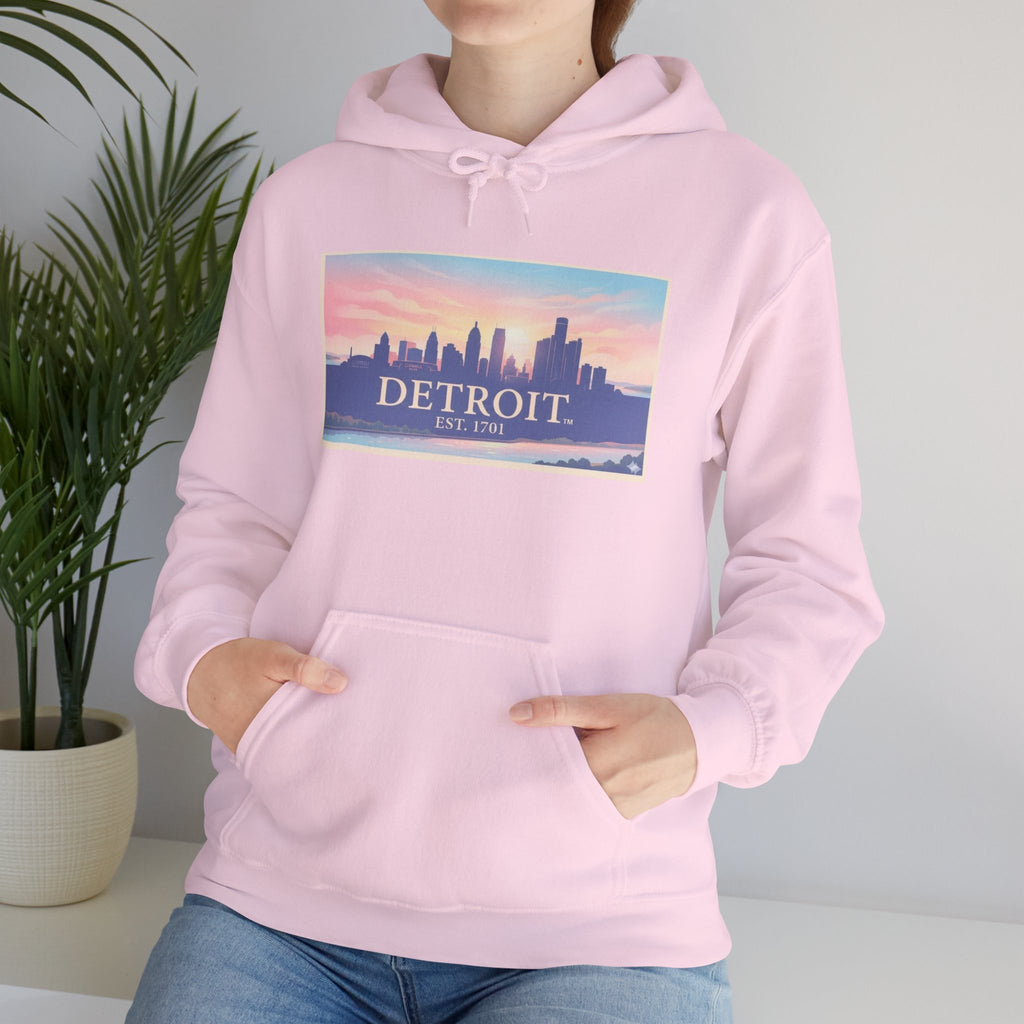 Women's Detroit Skyline Hoodie – Pastel Sunrise Cityscape