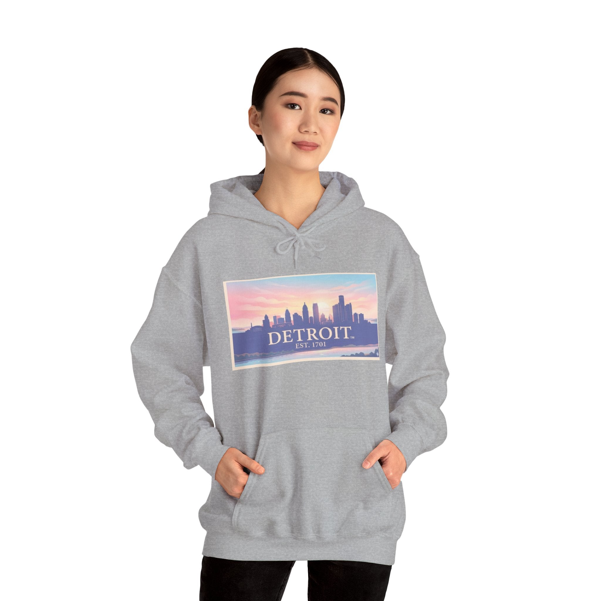 Women's Detroit Skyline Hoodie – Pastel Sunrise Cityscape