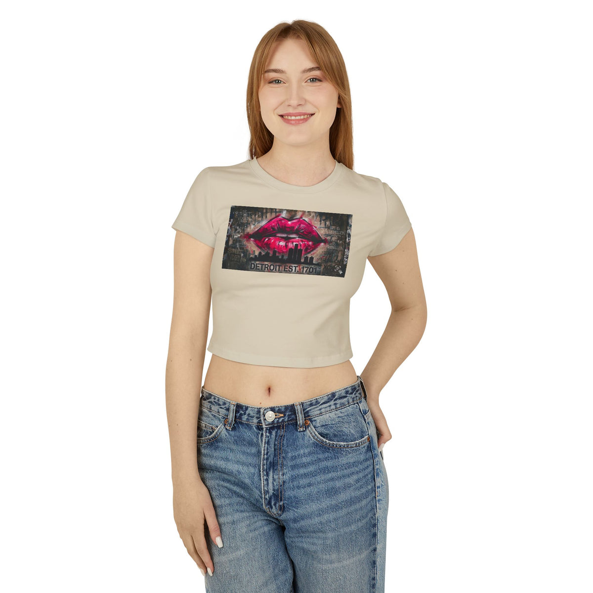 Women's Detroit Pink Lips Crop Baby Tee — Graffiti Skyline Graphic