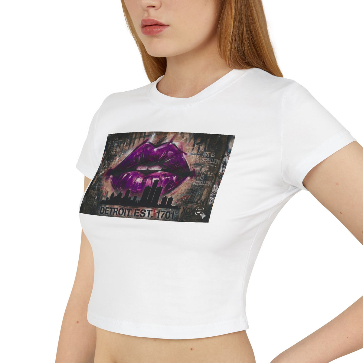 Women's Detroit Purple Lips Crop Baby Tee — Graffiti Skyline Graphic