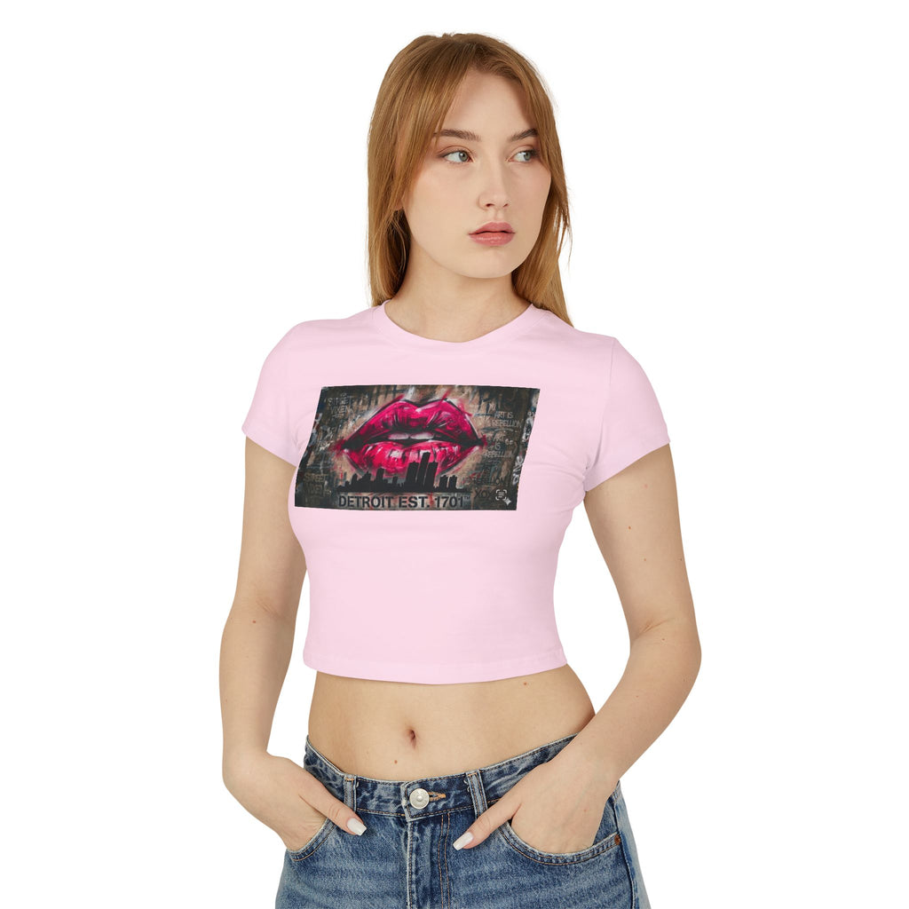 Women's Detroit Pink Lips Crop Baby Tee — Graffiti Skyline Graphic