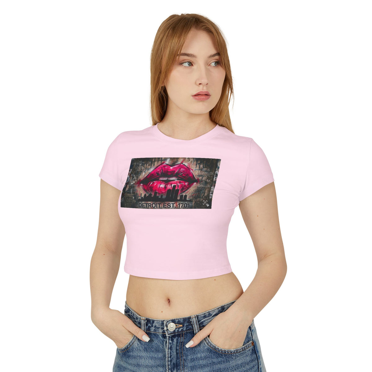 Women's Detroit Pink Lips Crop Baby Tee — Graffiti Skyline Graphic