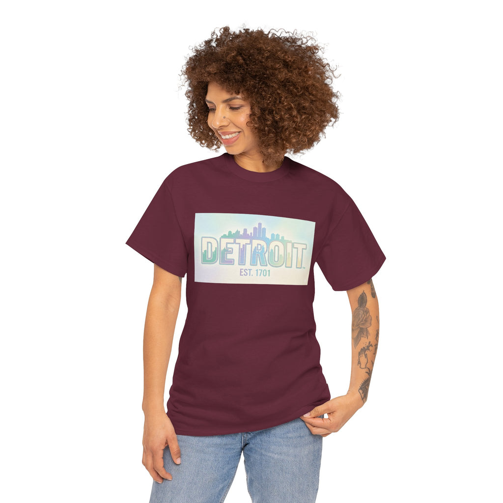 Women's Detroit Skyline T Shirt — Pastel Retro Cityscape "DETROIT Est. 1701"