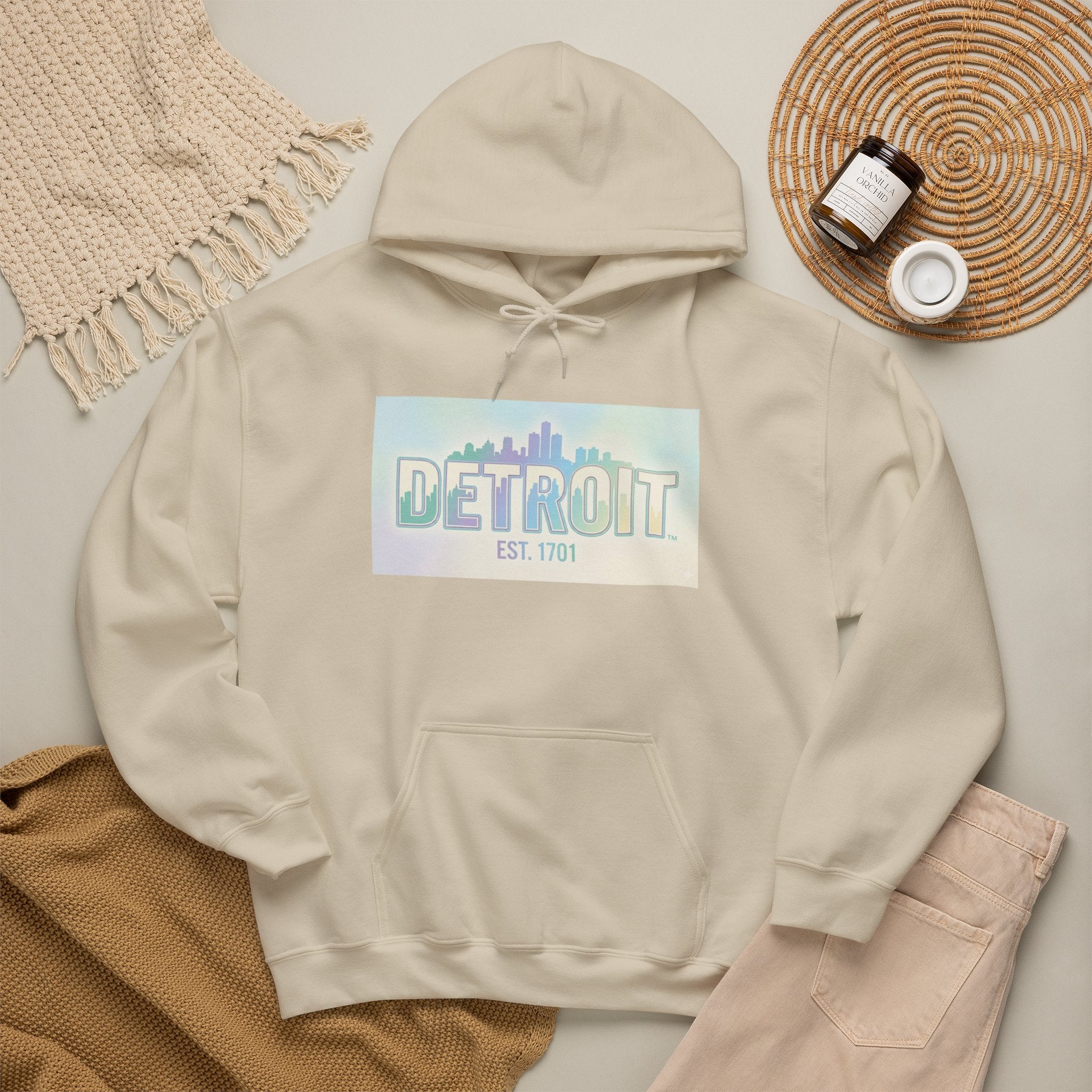 Women's Detroit Skyline Hoodie — Pastel Retro Cityscape "DETROIT Est. 1701"