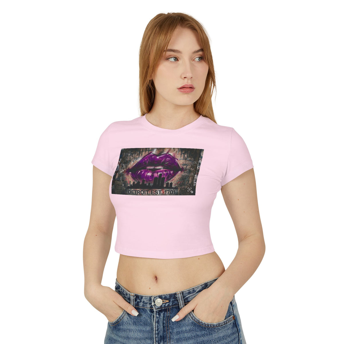 Women's Detroit Purple Lips Crop Baby Tee — Graffiti Skyline Graphic