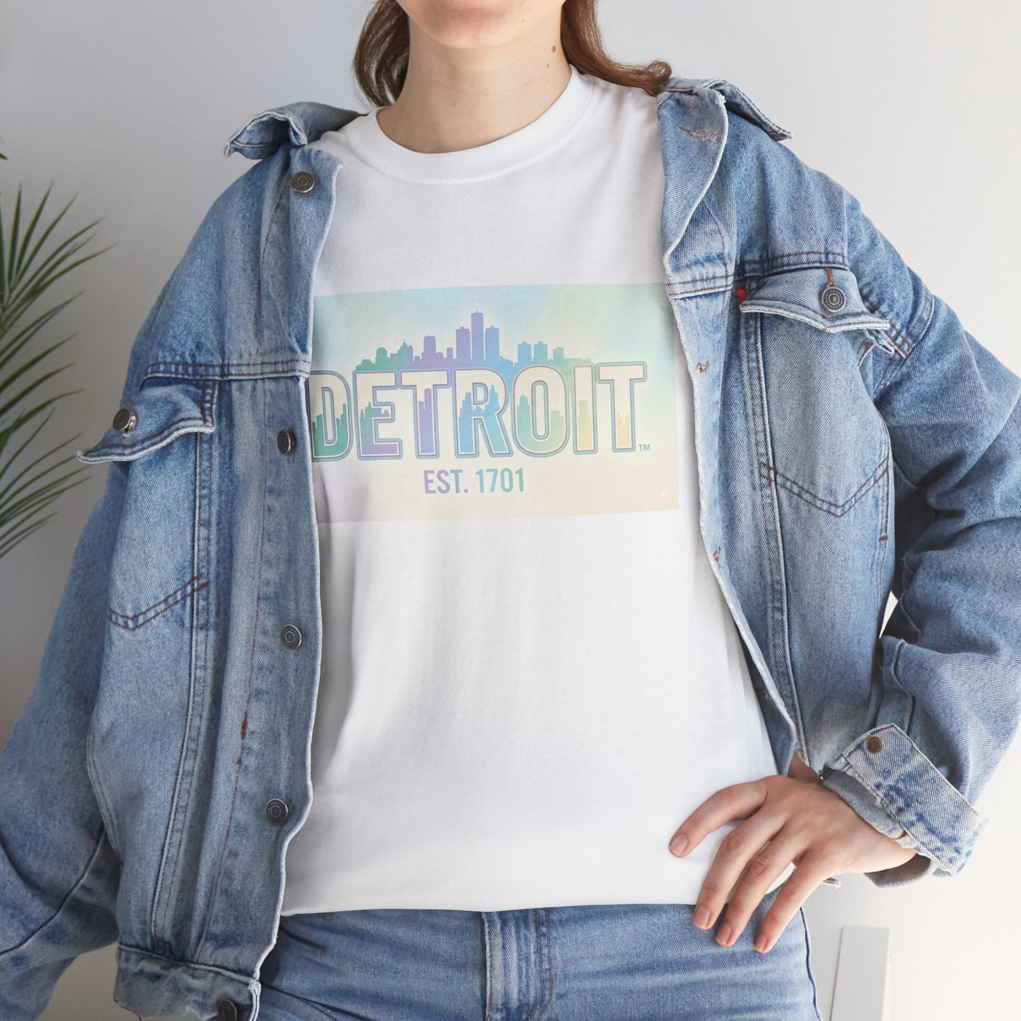 Women's Detroit Skyline T Shirt — Pastel Retro Cityscape "DETROIT Est. 1701"