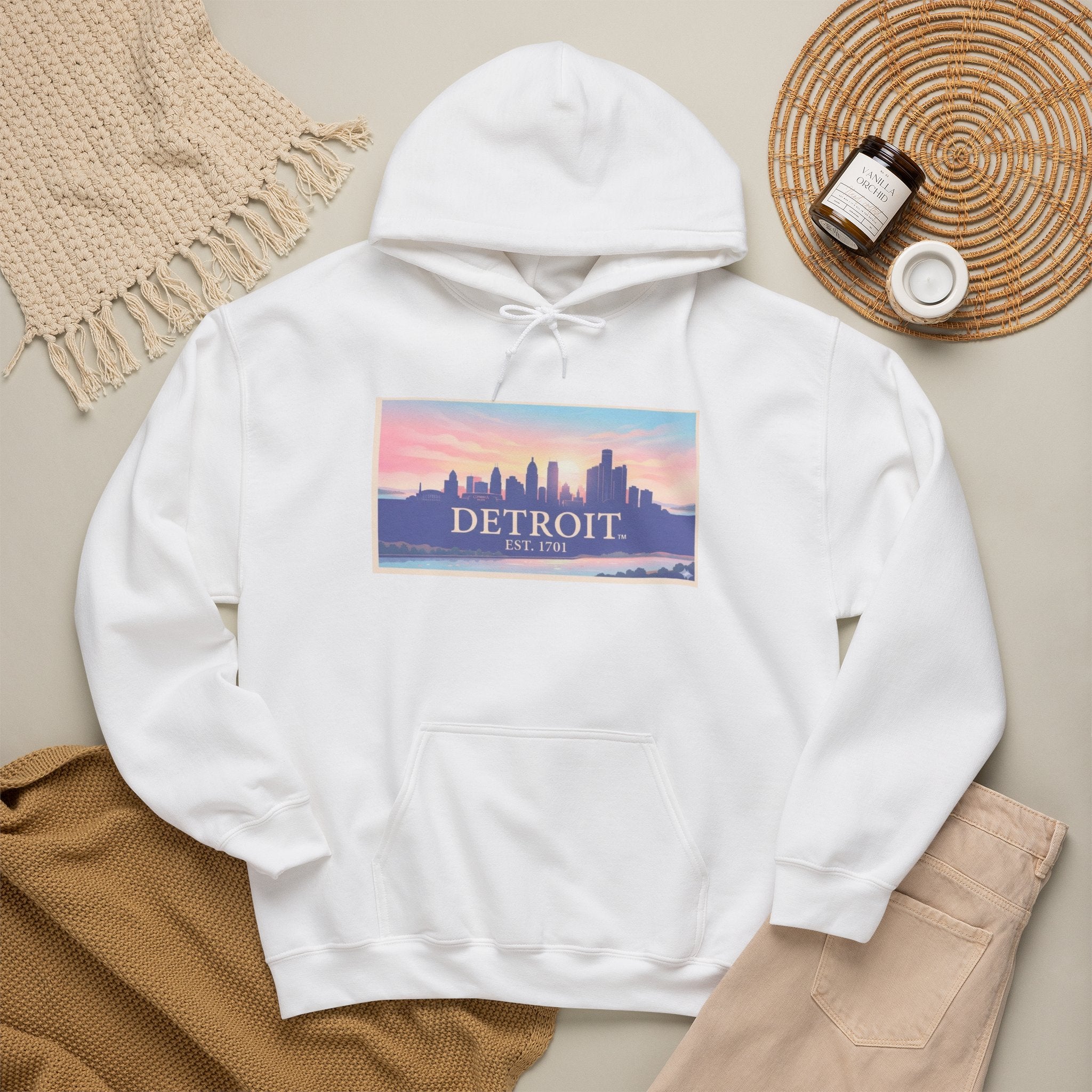 Women's Detroit Skyline Hoodie – Pastel Sunrise Cityscape