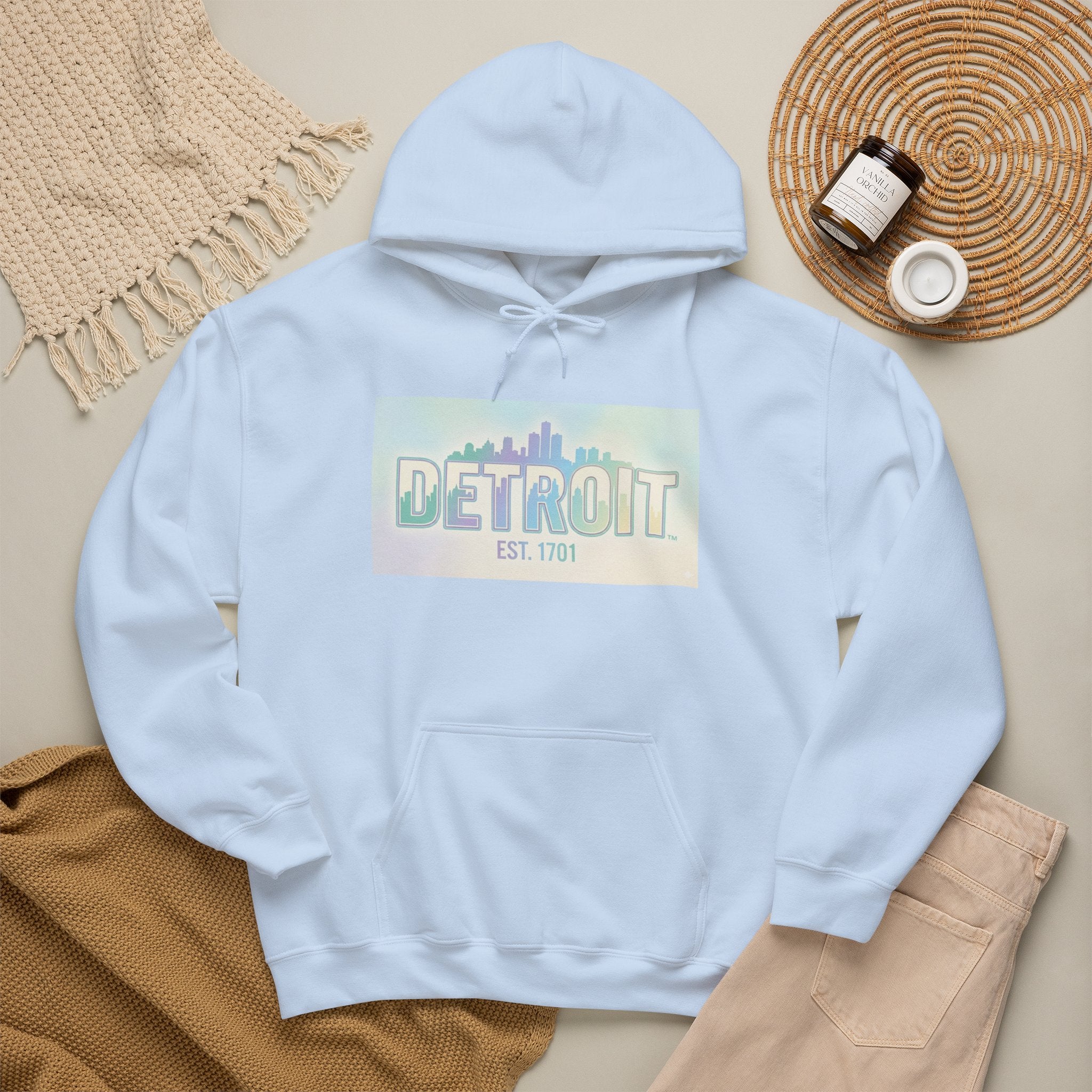 Women's Detroit Skyline Hoodie — Pastel Retro Cityscape "DETROIT Est. 1701"