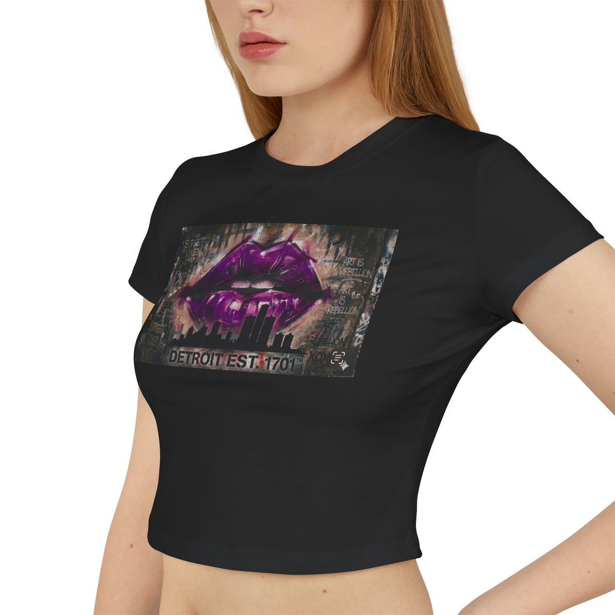 Women's Detroit Purple Lips Crop Baby Tee — Graffiti Skyline Graphic