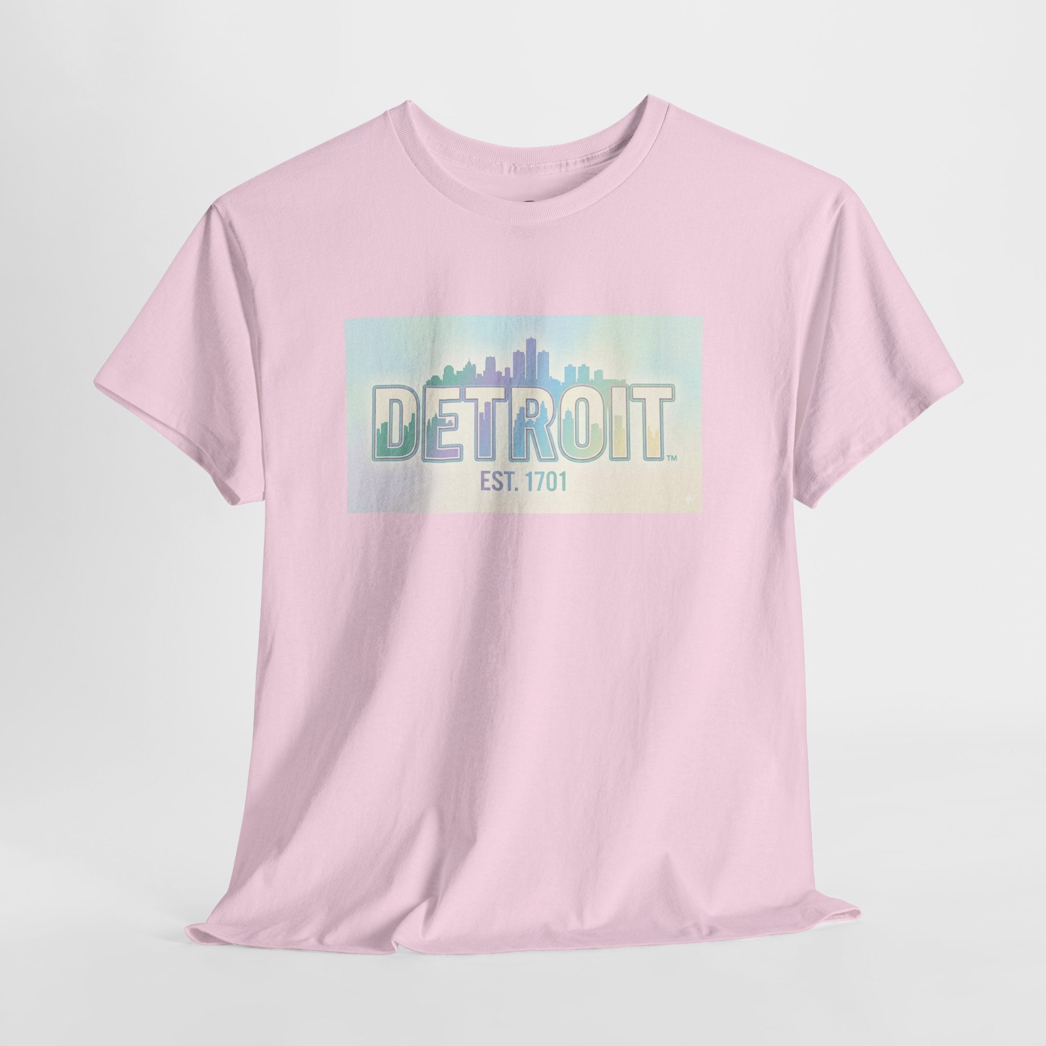 Women's Detroit Skyline T Shirt — Pastel Retro Cityscape "DETROIT Est. 1701"