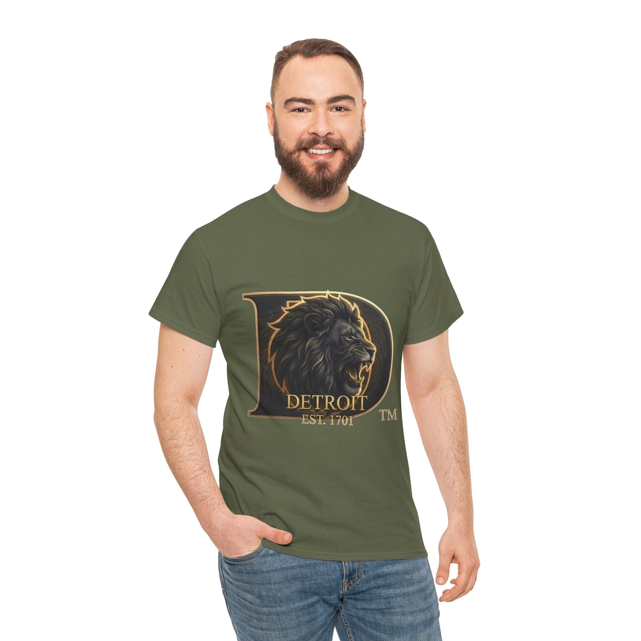 Men's Detroit Pride Lion D T Shirt — Gold Foil Monogram Detroit Lion Graphic(Unisex)