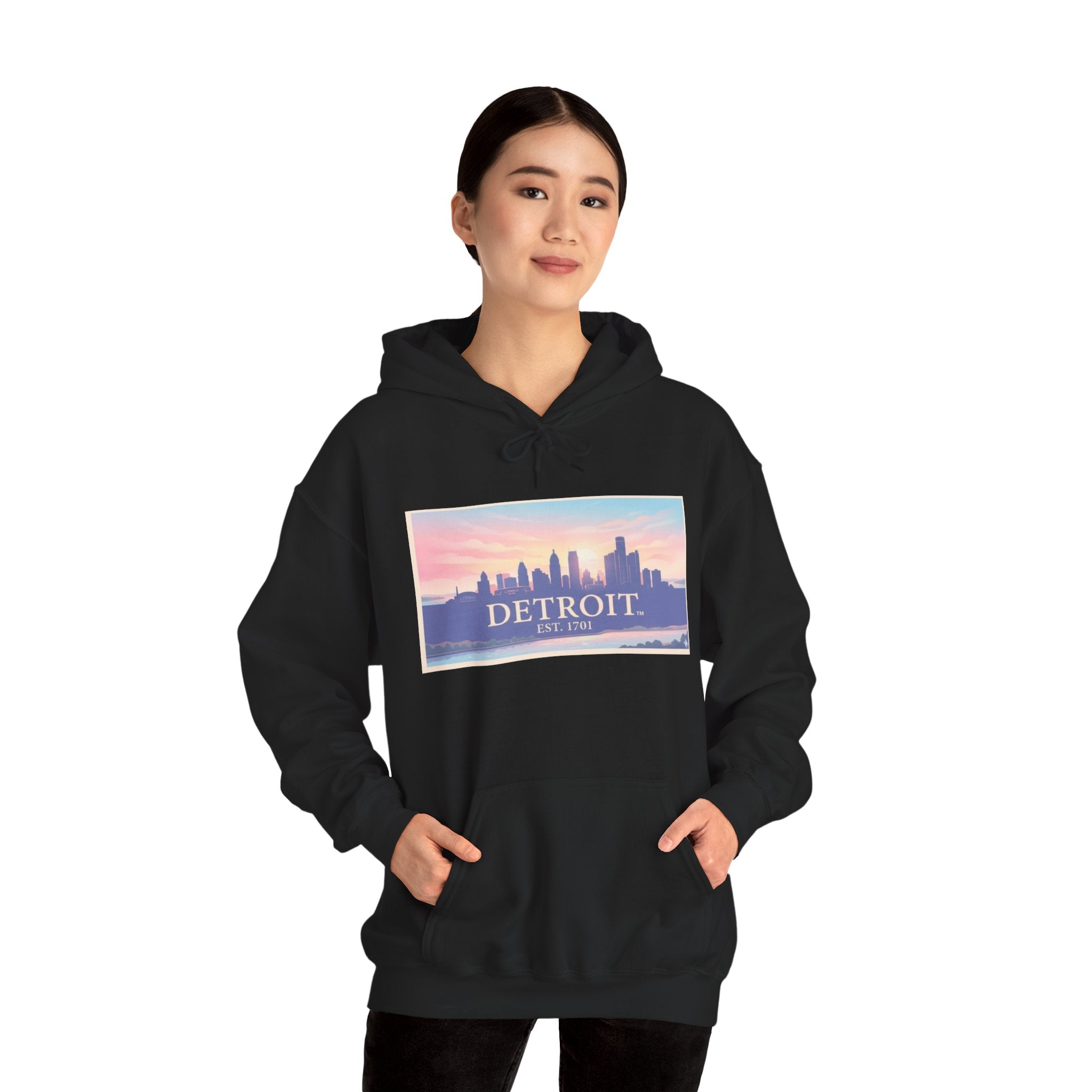 Women's Detroit Skyline Hoodie – Pastel Sunrise Cityscape