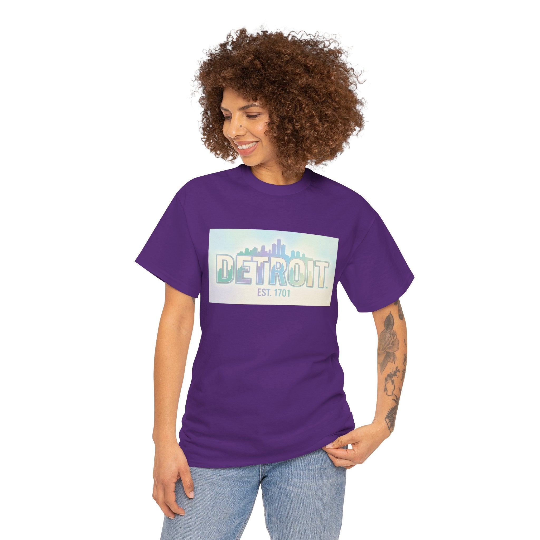Women's Detroit Skyline T Shirt — Pastel Retro Cityscape "DETROIT Est. 1701"