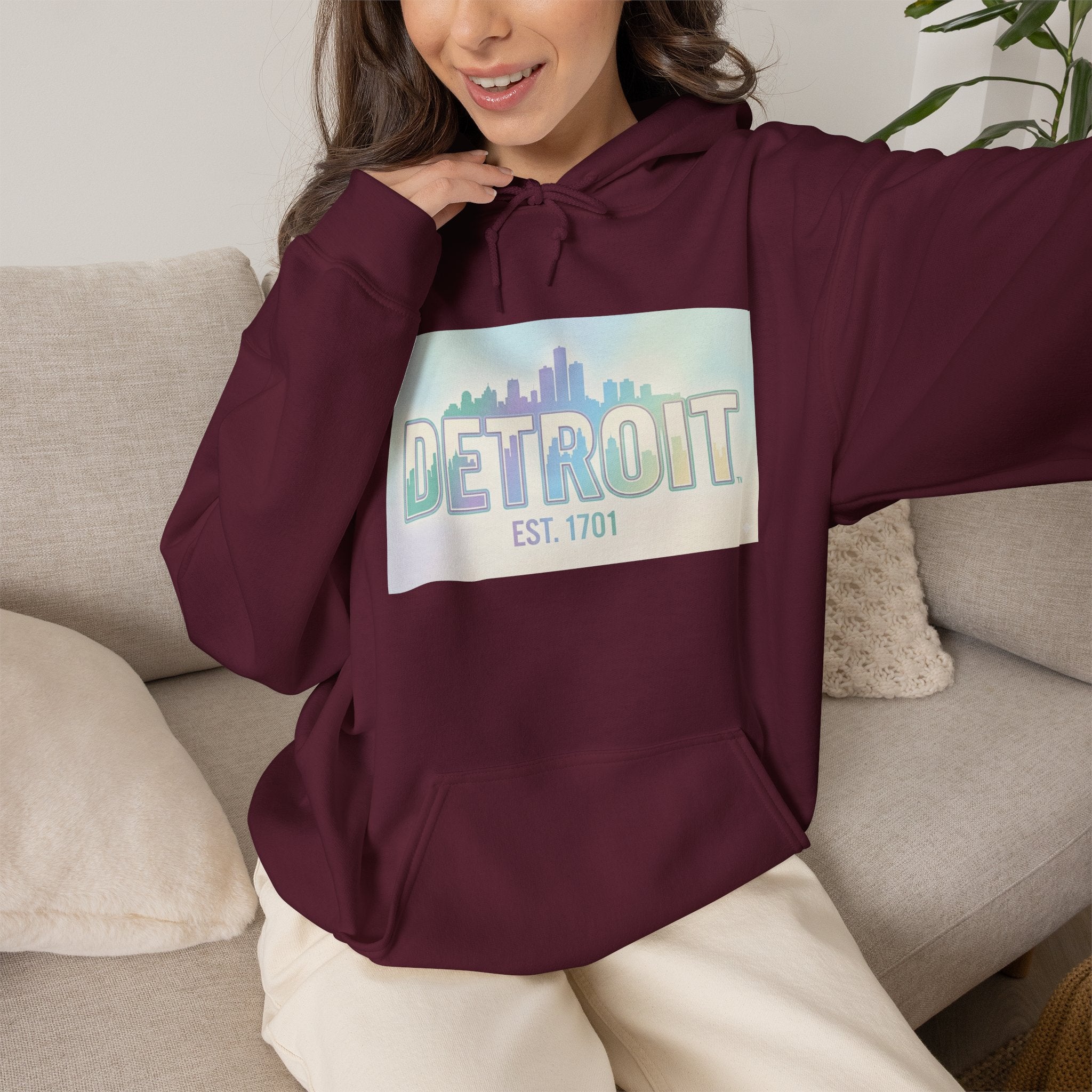 Women's Detroit Skyline Hoodie — Pastel Retro Cityscape "DETROIT Est. 1701"
