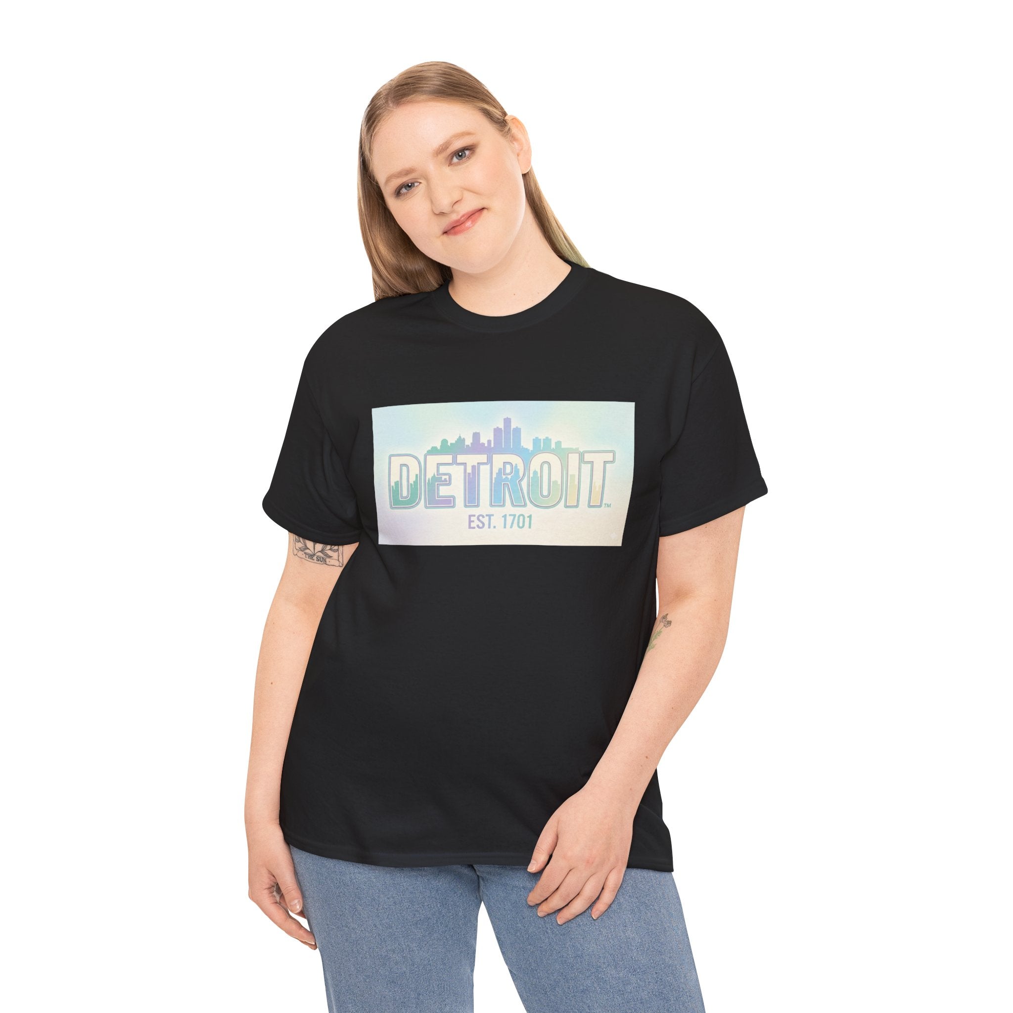 Women's Detroit Skyline T Shirt — Pastel Retro Cityscape "DETROIT Est. 1701"