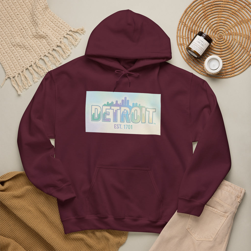 Women's Detroit Skyline Hoodie — Pastel Retro Cityscape "DETROIT Est. 1701"