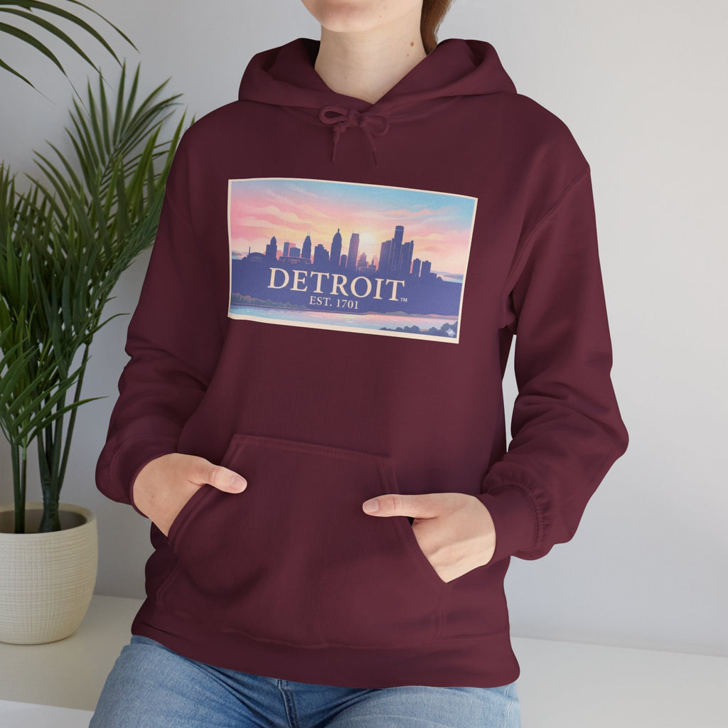 Women's Detroit Skyline Hoodie – Pastel Sunrise Cityscape