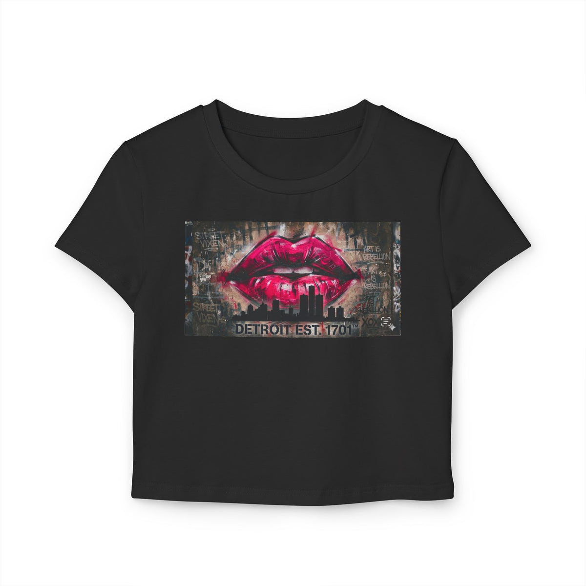 Women's Detroit Pink Lips Crop Baby Tee — Graffiti Skyline Graphic