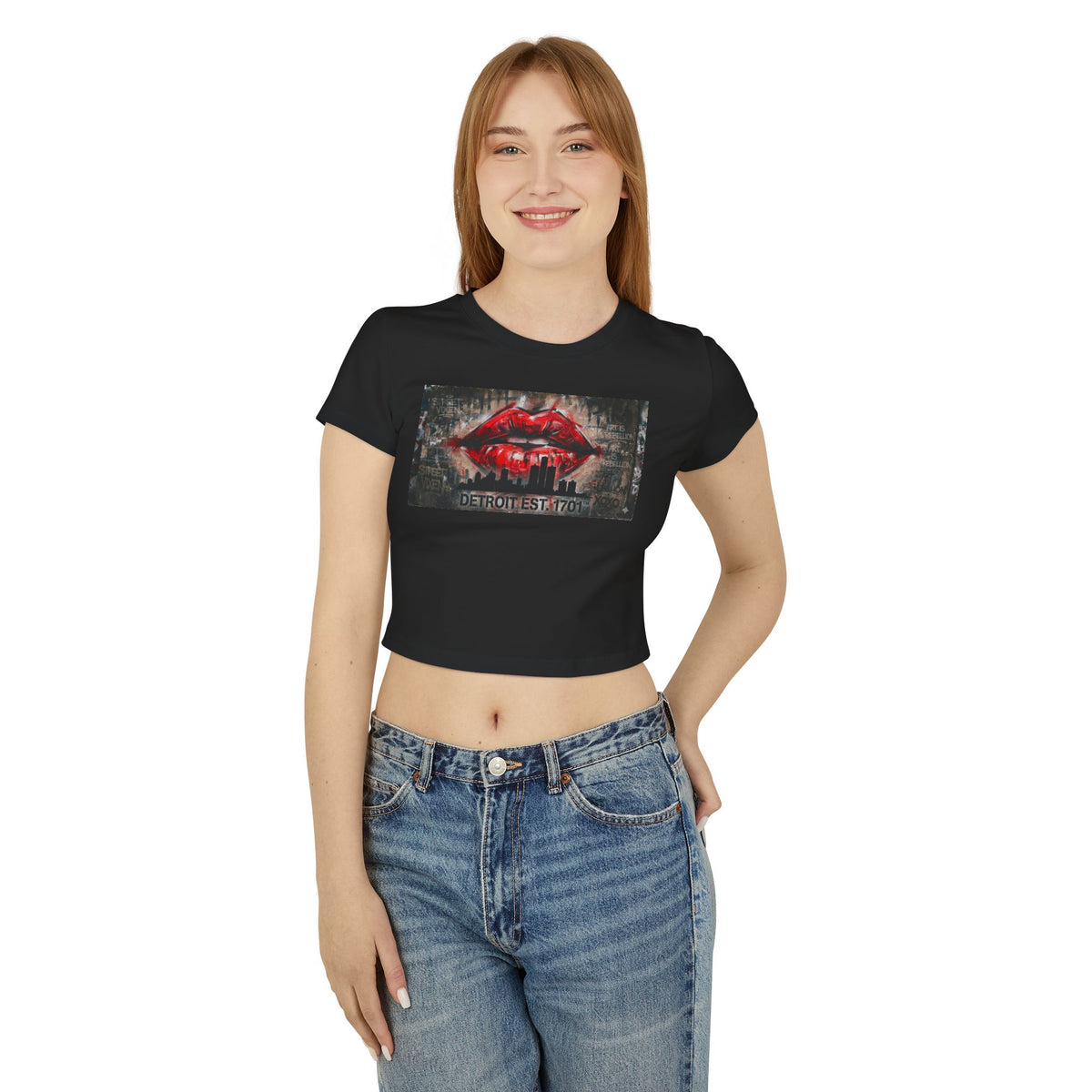 Women's Detroit Red Lips Crop Baby Tee — Graffiti Skyline Graphic