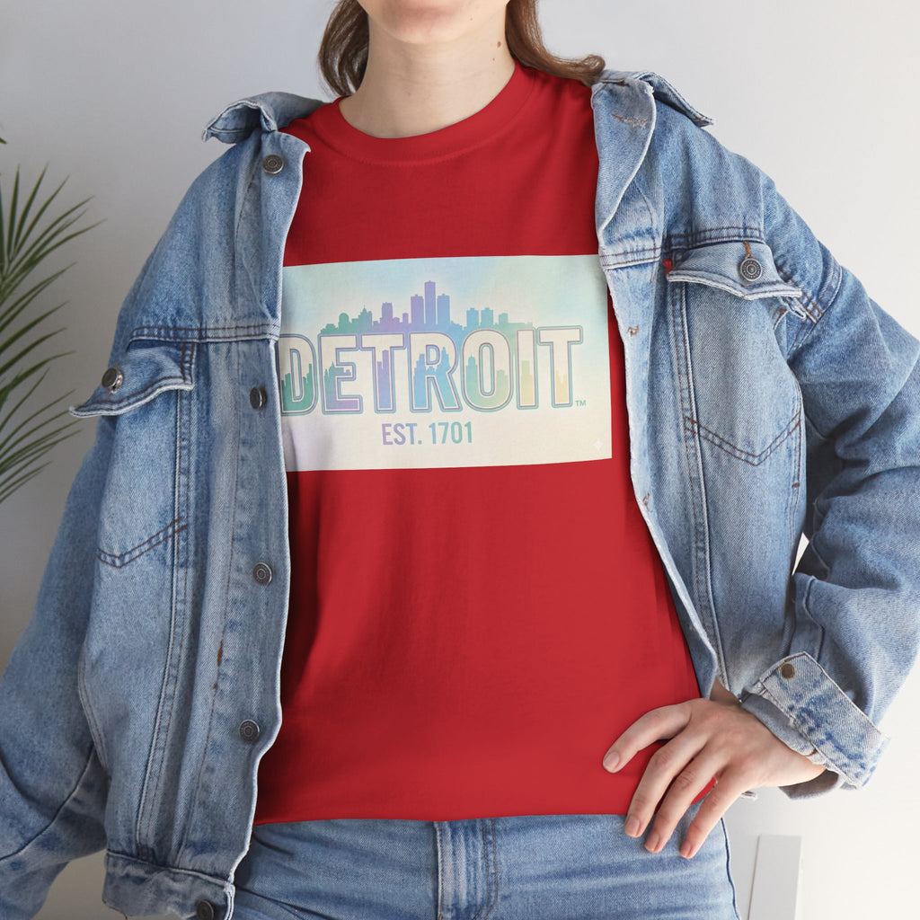 Women's Detroit Skyline T Shirt — Pastel Retro Cityscape "DETROIT Est. 1701"