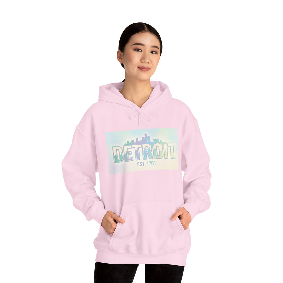 Women's Detroit Skyline Hoodie — Pastel Retro Cityscape "DETROIT Est. 1701"