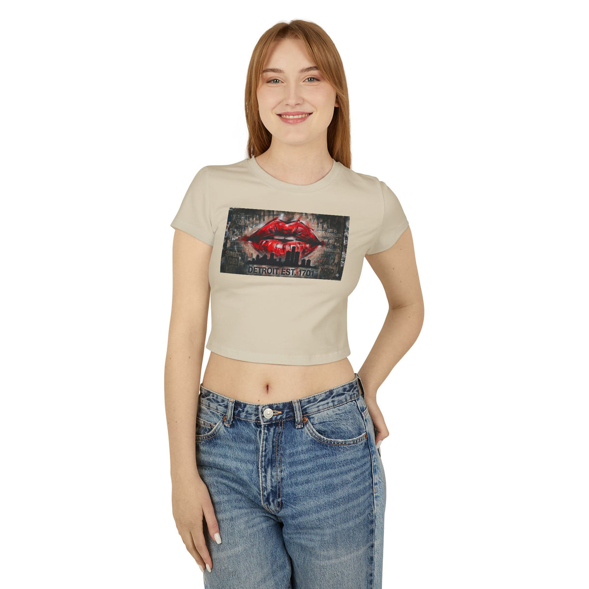 Women's Detroit Red Lips Crop Baby Tee — Graffiti Skyline Graphic