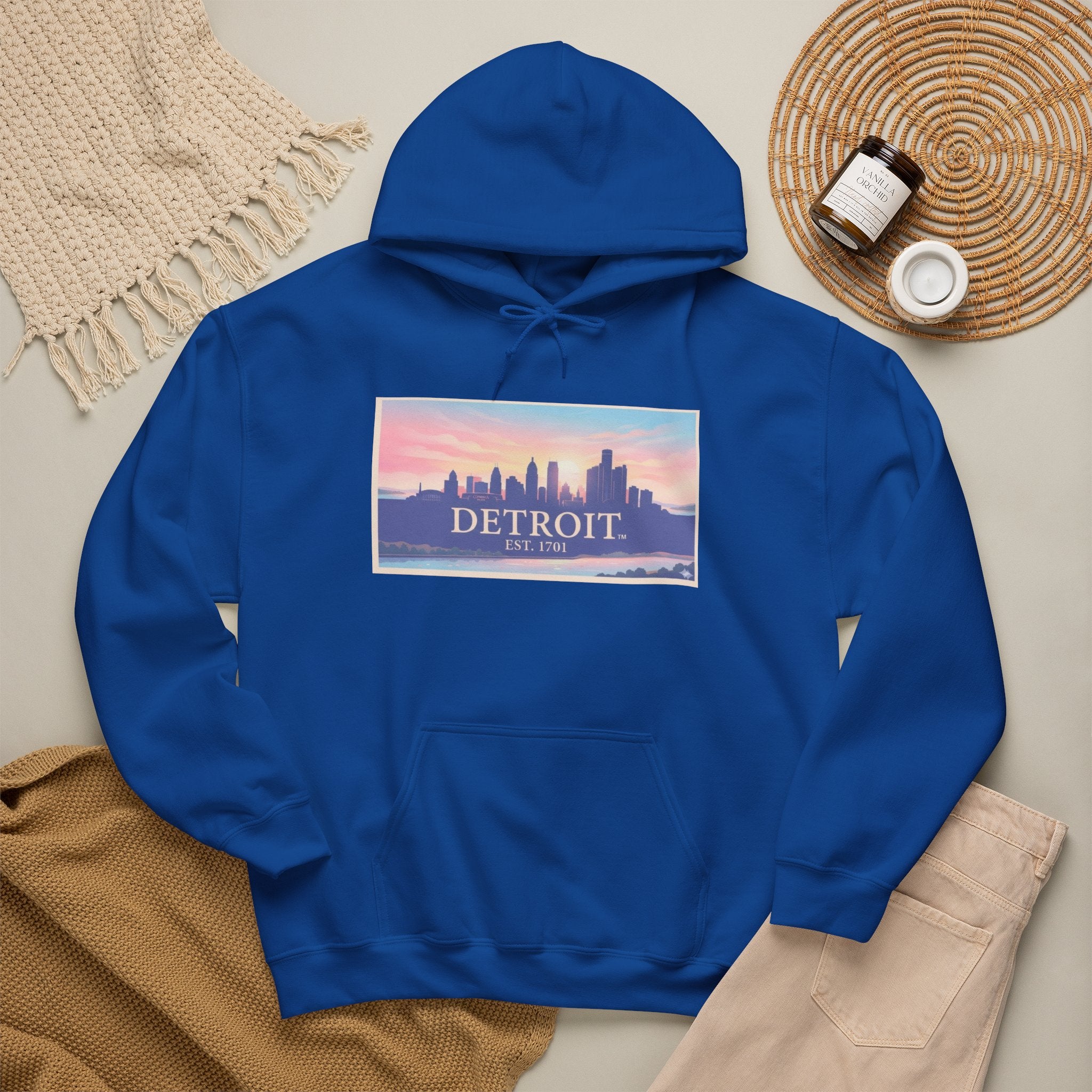 Women's Detroit Skyline Hoodie – Pastel Sunrise Cityscape