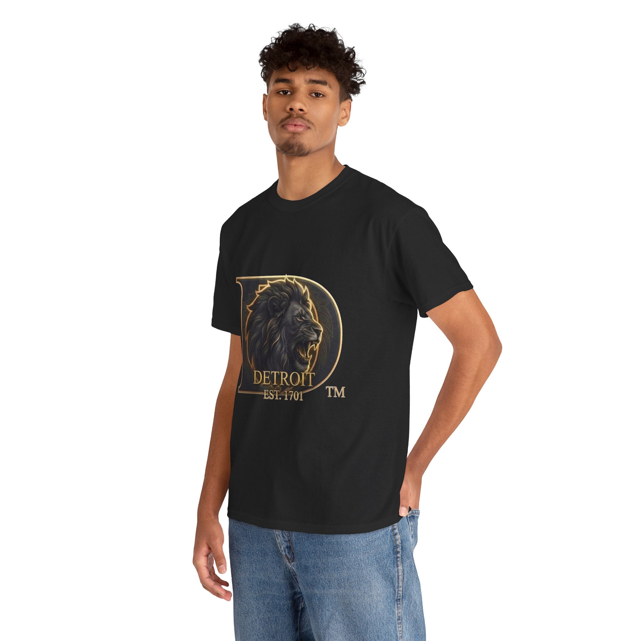 Men's Detroit Pride Lion D T Shirt — Gold Foil Monogram Detroit Lion Graphic(Unisex)