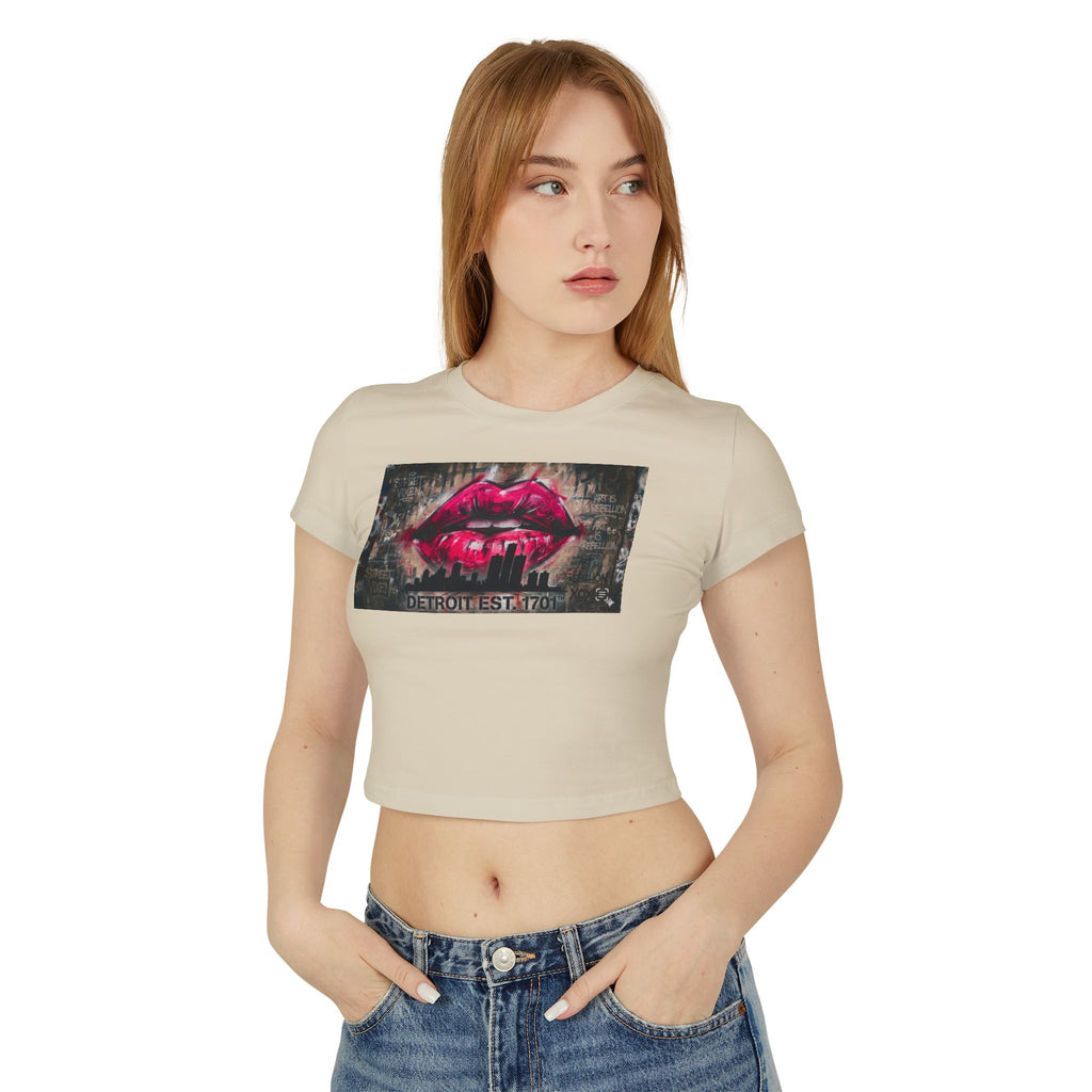 Women's Detroit Pink Lips Crop Baby Tee — Graffiti Skyline Graphic