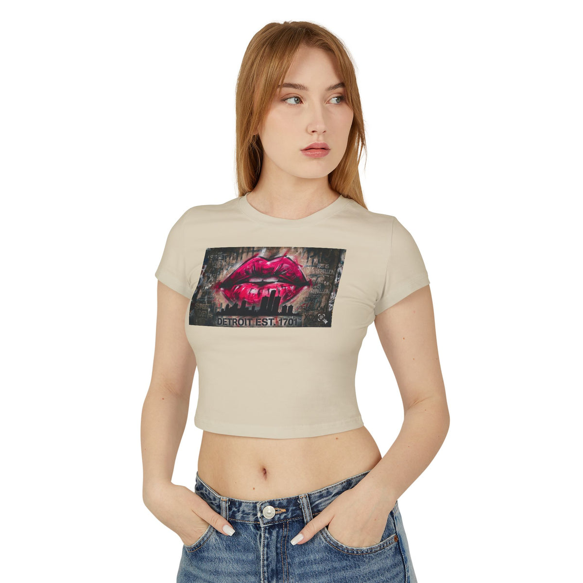 Women's Detroit Pink Lips Crop Baby Tee — Graffiti Skyline Graphic