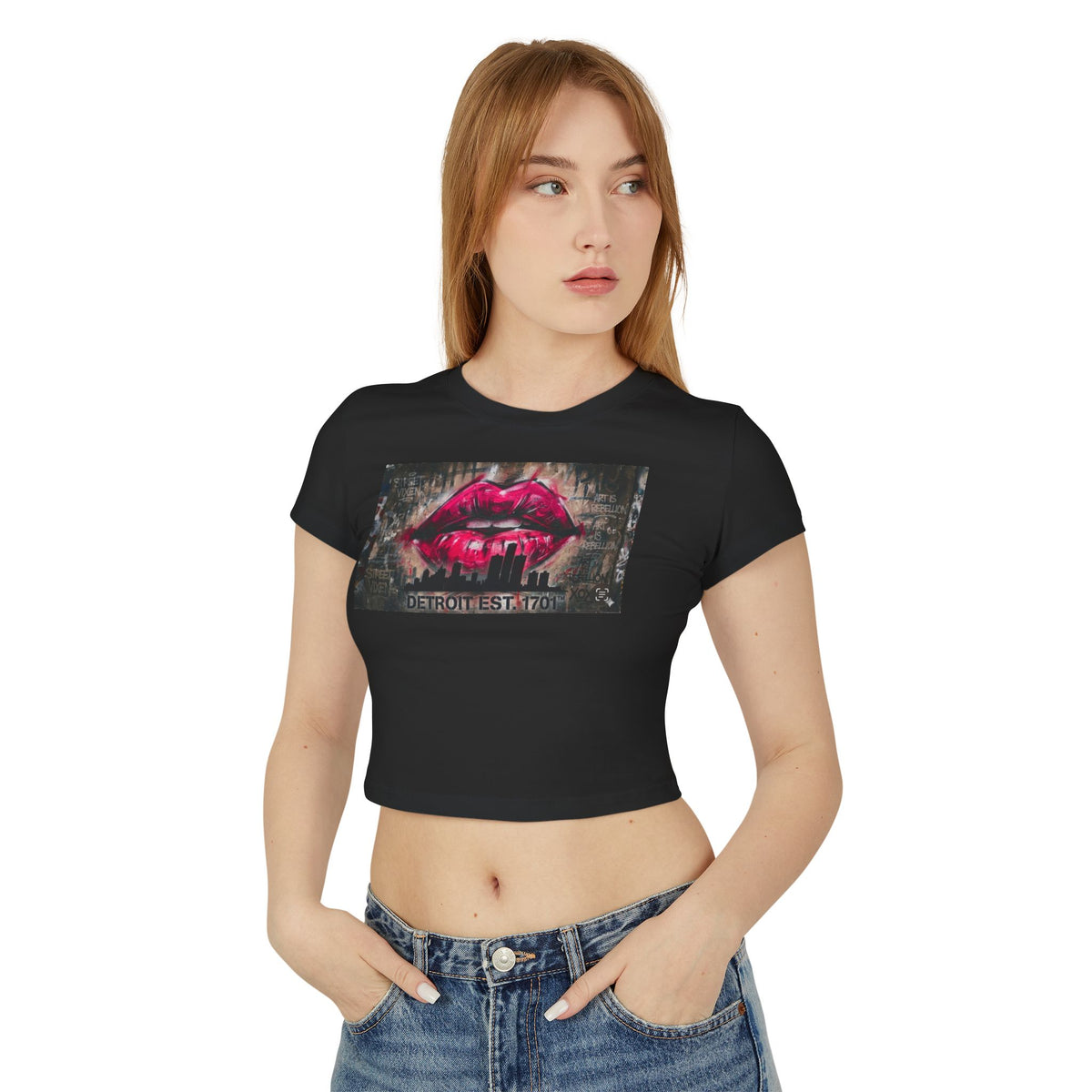 Women's Detroit Pink Lips Crop Baby Tee — Graffiti Skyline Graphic