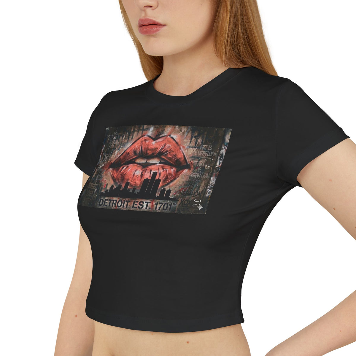 Women's Detroit Peach Lips Crop Baby Tee — Graffiti Skyline Graphic