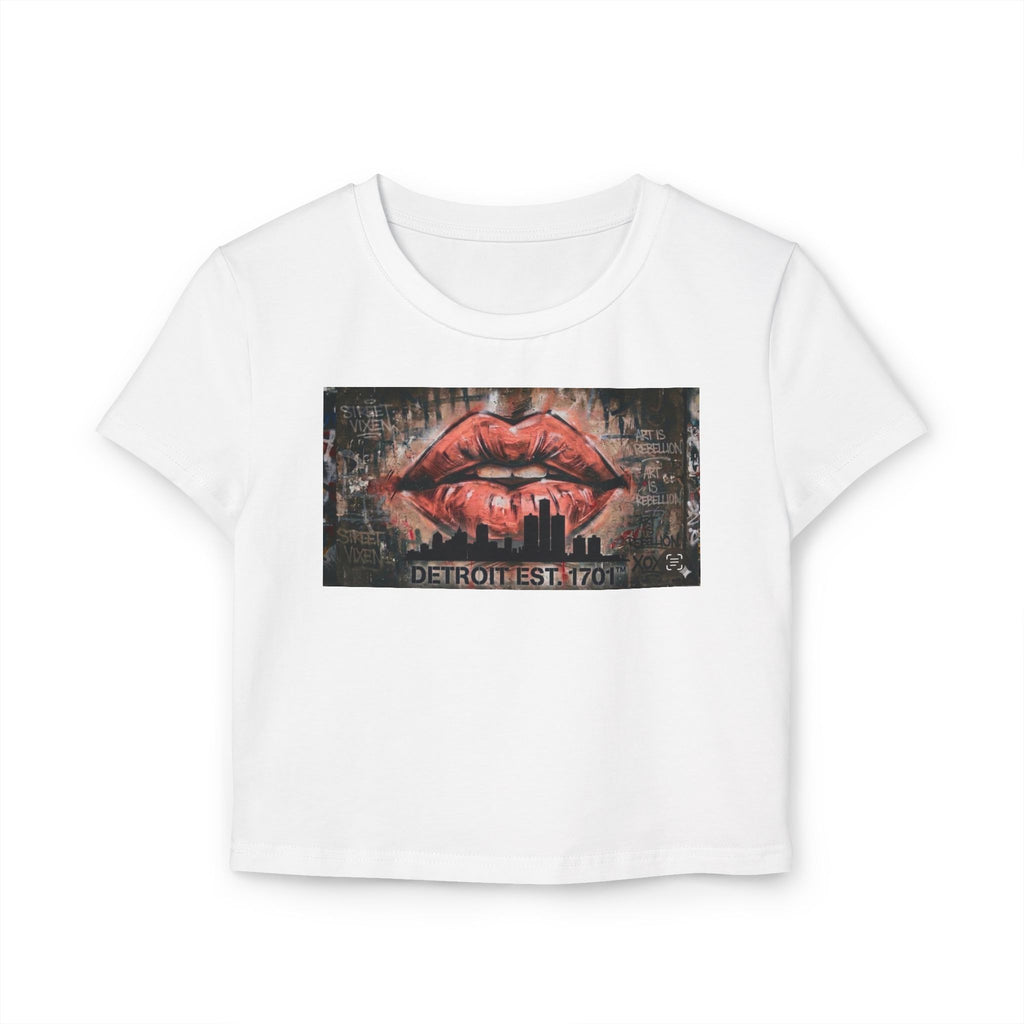 Women's Detroit Peach Lips Crop Baby Tee — Graffiti Skyline Graphic