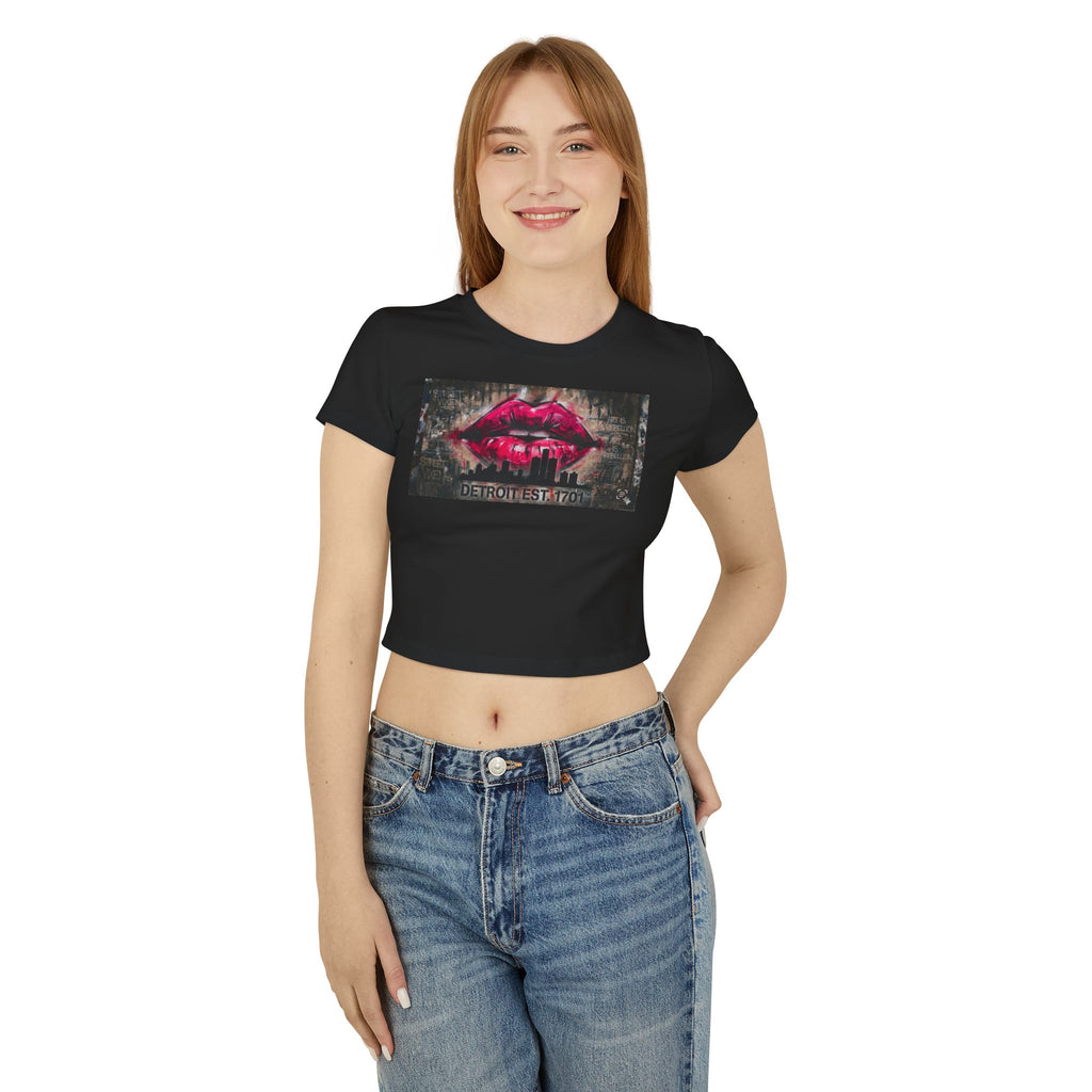 Women's Detroit Pink Lips Crop Baby Tee — Graffiti Skyline Graphic