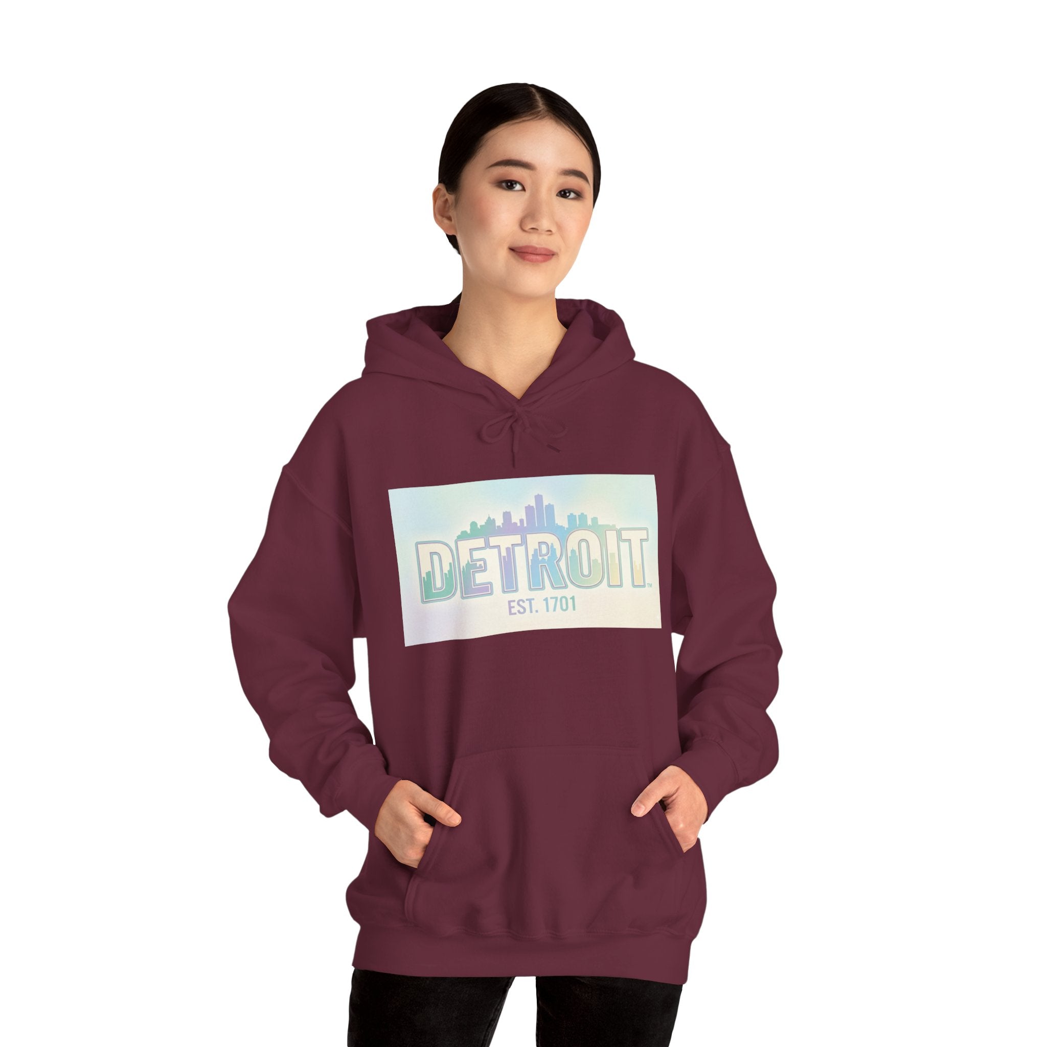 Women's Detroit Skyline Hoodie — Pastel Retro Cityscape "DETROIT Est. 1701"