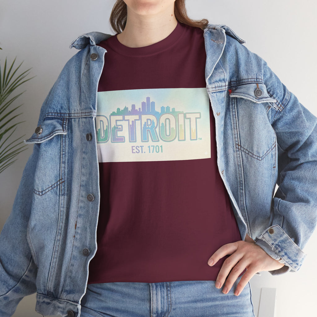 Women's Detroit Skyline T Shirt — Pastel Retro Cityscape "DETROIT Est. 1701"