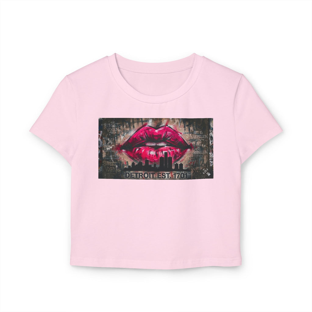 Women's Detroit Pink Lips Crop Baby Tee — Graffiti Skyline Graphic