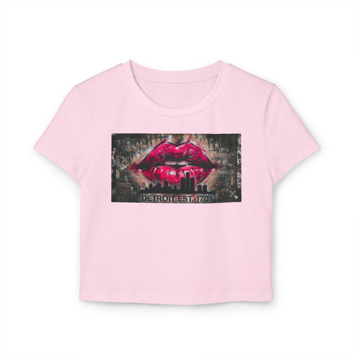 Women's Detroit Pink Lips Crop Baby Tee — Graffiti Skyline Graphic