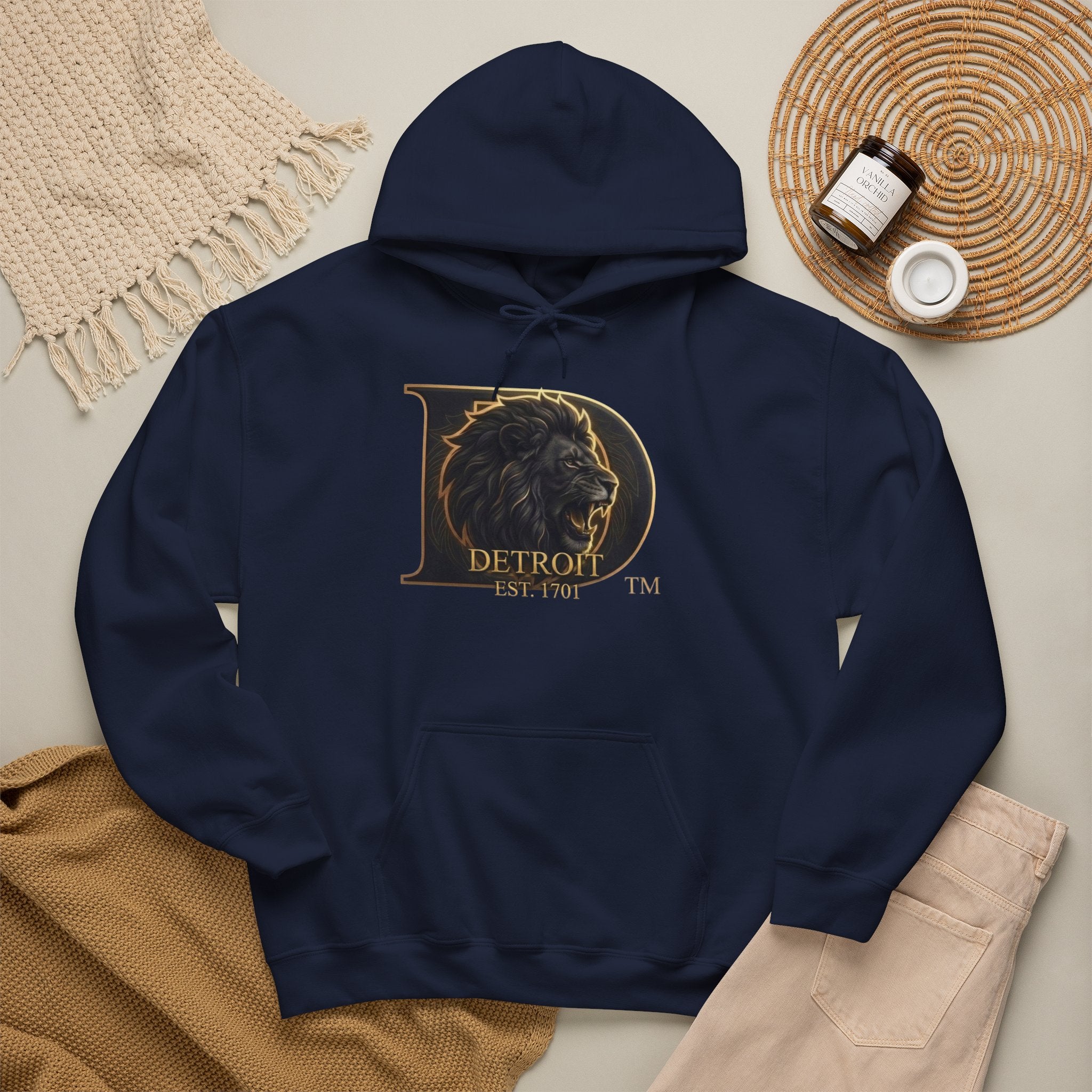 Detroit Pride Lion D Hoodie — Gold Monogram Graphic Pullover | Motor City Heritage
