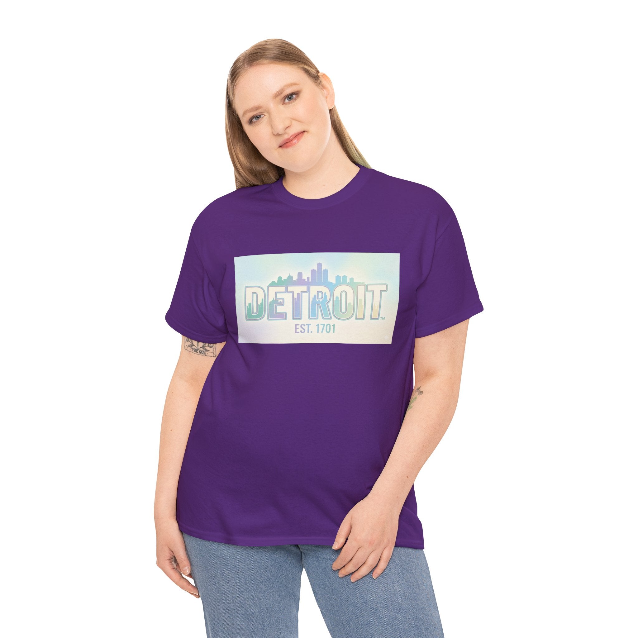 Women's Detroit Skyline T Shirt — Pastel Retro Cityscape "DETROIT Est. 1701"