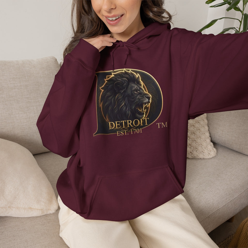 Detroit Pride Lion D Hoodie — Gold Monogram Graphic Pullover | Motor City Heritage