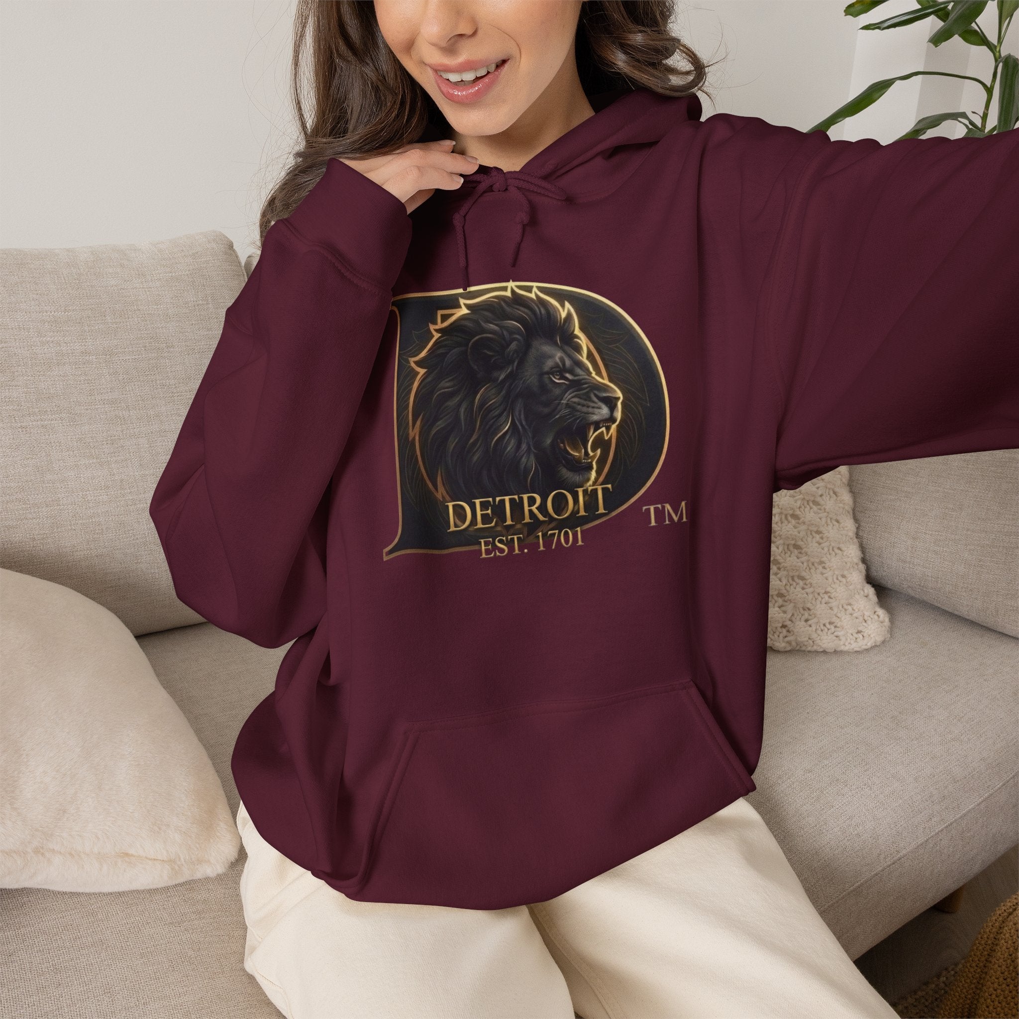 Detroit Pride Lion D Hoodie — Gold Monogram Graphic Pullover | Motor City Heritage